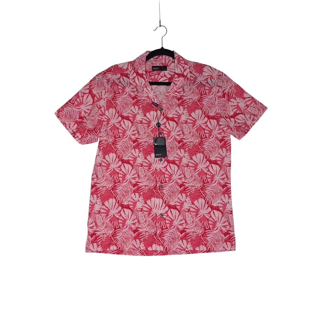 Quieti NWT Performance Pink Tropical Leaf Short Sleeve ButtonDown Shirt Small